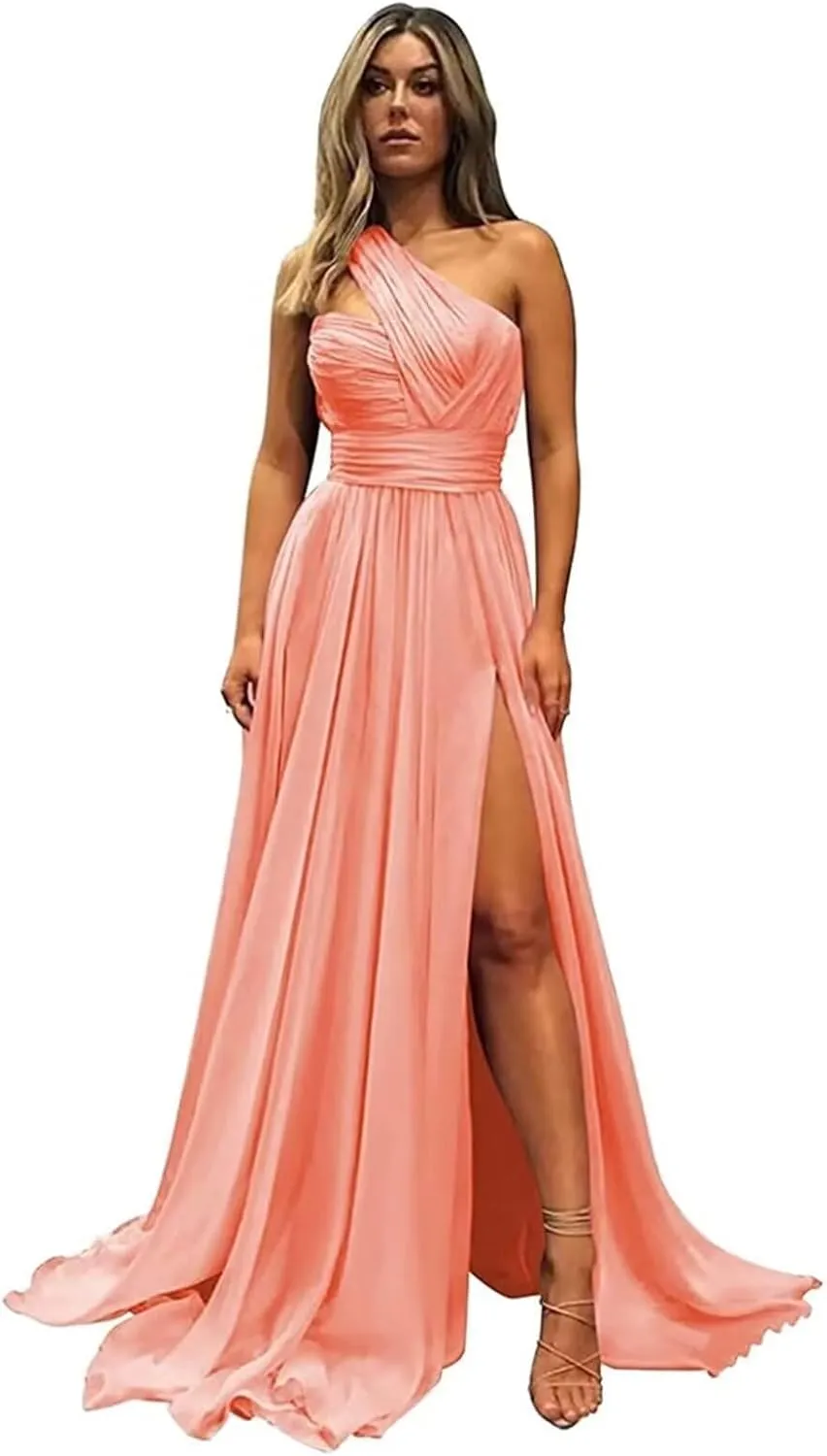 One Shoulder Chiffon Bridesmaid Dresses for Wedding Ruched Long Formal Dress Evening Gowns with Slit