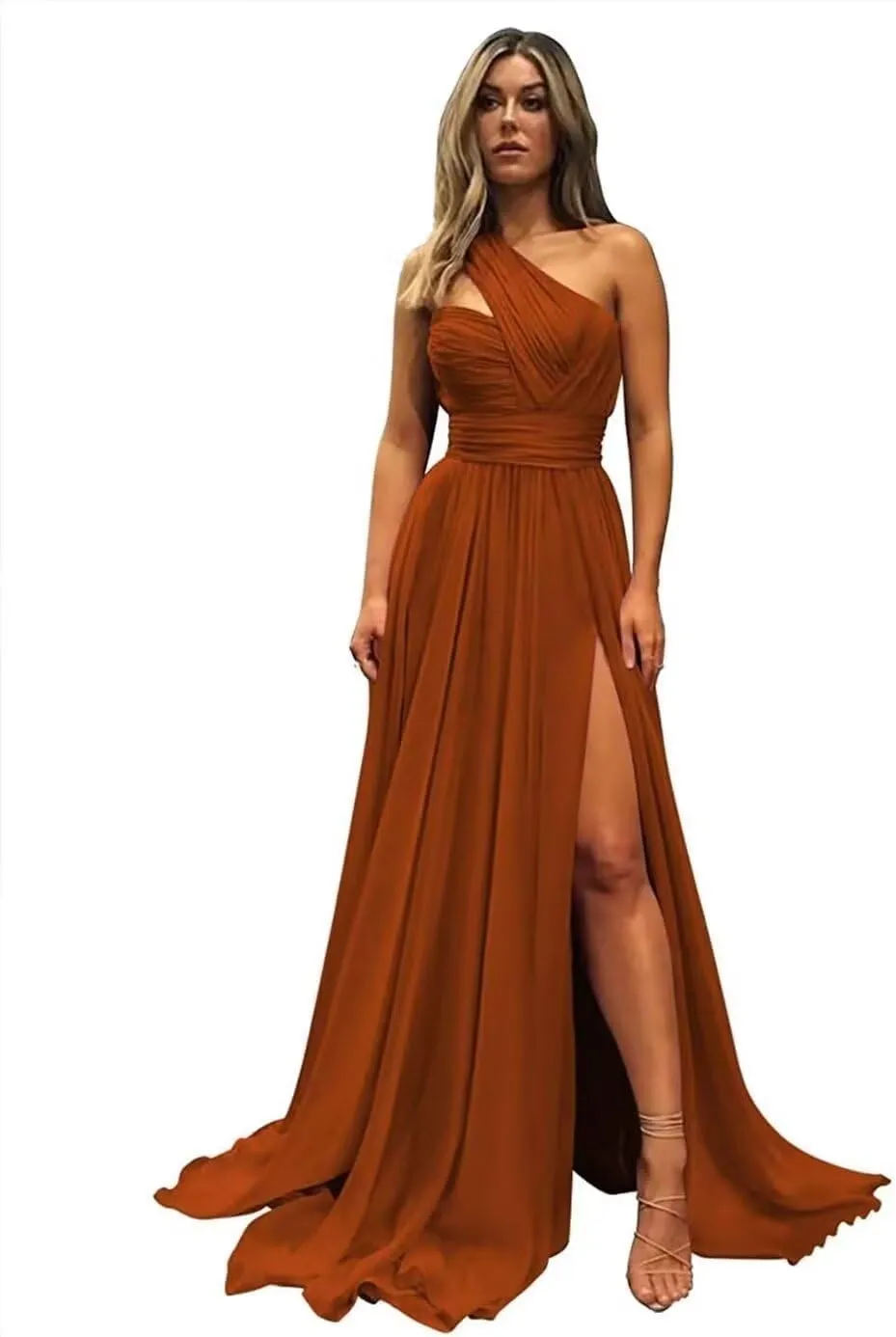 One Shoulder Chiffon Bridesmaid Dresses for Wedding Ruched Long Formal Dress Evening Gowns with Slit