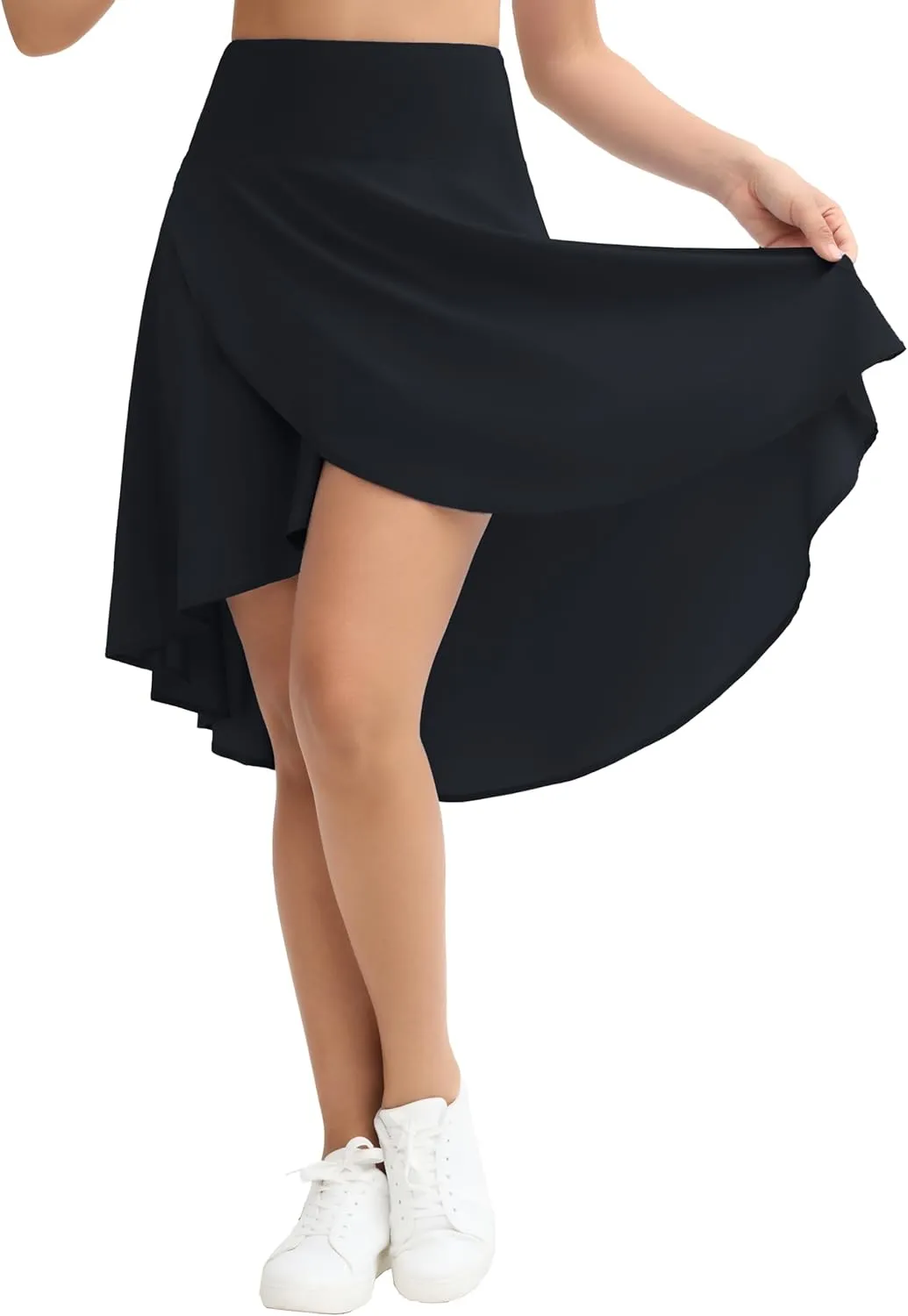 Origiwish Women's High Waist Flowy Midi Skirts Asymmetric Ruffle Hem High Low Skorts with Built-in Shorts