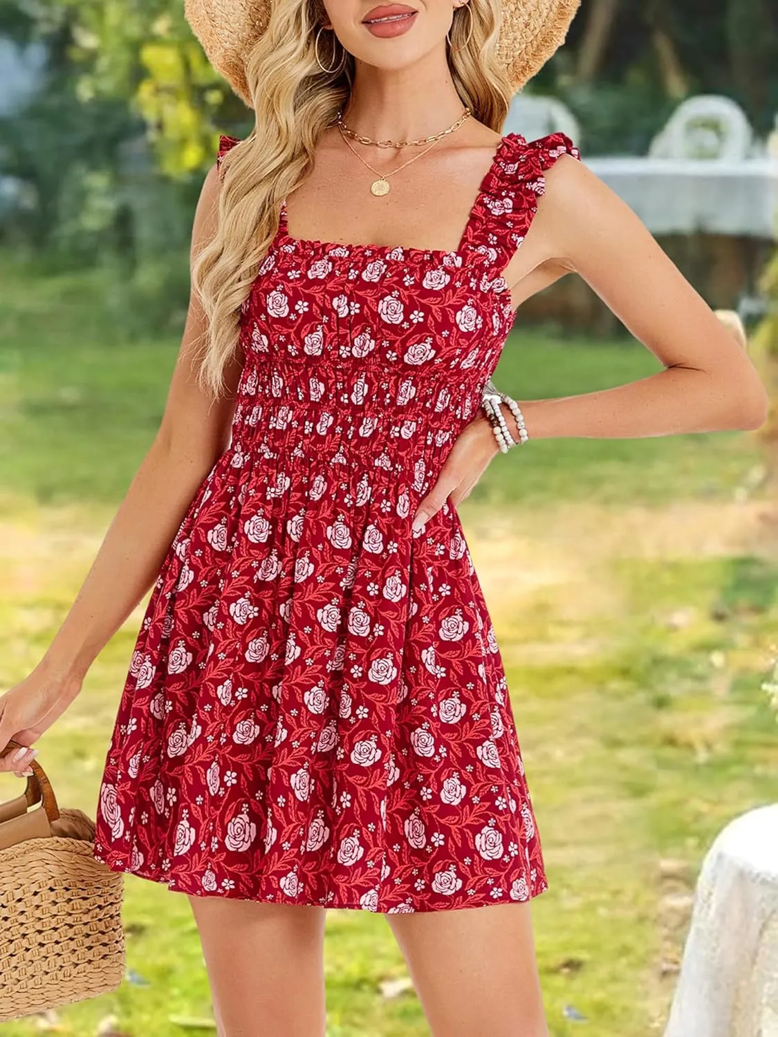 OURIN Womens Summer Dresses Cute Square Neck Ruffle Sleeve Floral Elastic Waist A Line Mini Sundress