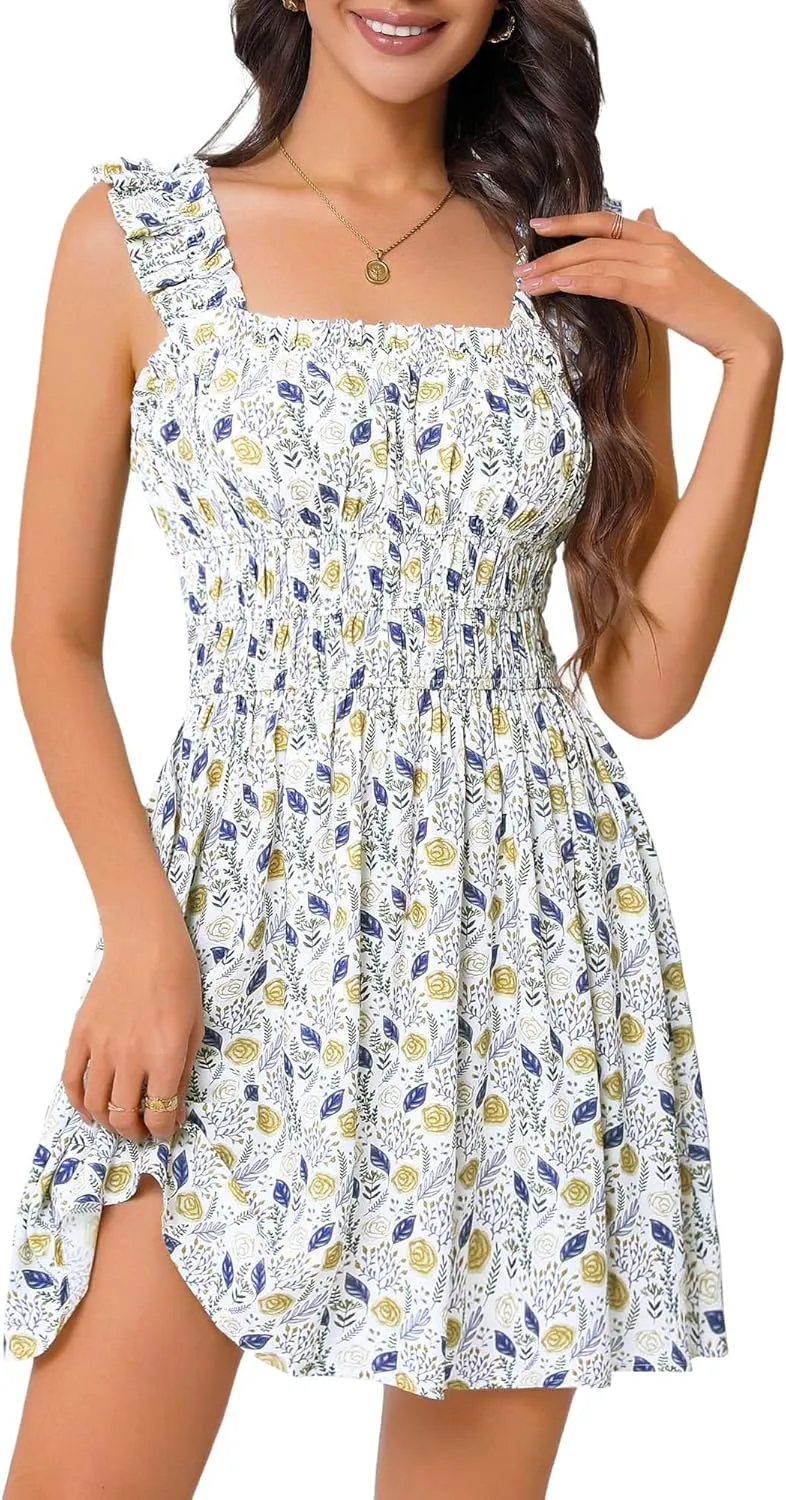OURIN Womens Summer Dresses Cute Square Neck Ruffle Sleeve Floral Elastic Waist A Line Mini Sundress