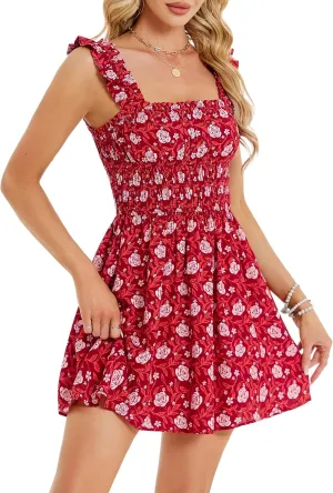 OURIN Womens Summer Dresses Cute Square Neck Ruffle Sleeve Floral Elastic Waist A Line Mini Sundress