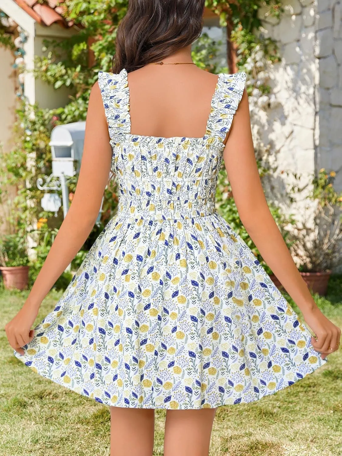 OURIN Womens Summer Dresses Cute Square Neck Ruffle Sleeve Floral Elastic Waist A Line Mini Sundress