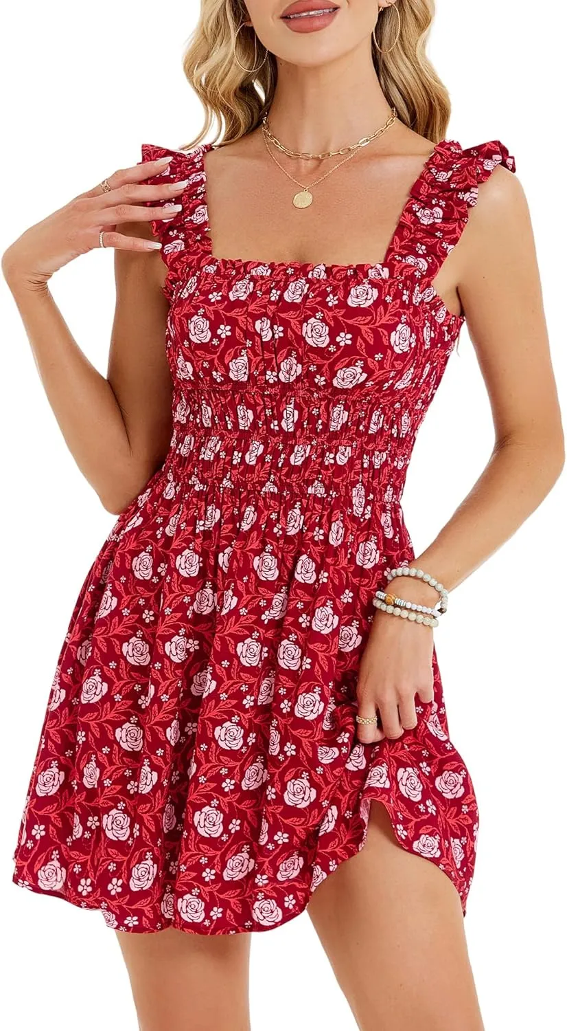 OURIN Womens Summer Dresses Cute Square Neck Ruffle Sleeve Floral Elastic Waist A Line Mini Sundress