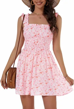 OURIN Womens Summer Dresses Cute Square Neck Ruffle Sleeve Floral Elastic Waist A Line Mini Sundress