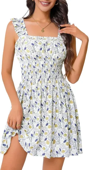 OURIN Womens Summer Dresses Cute Square Neck Ruffle Sleeve Floral Elastic Waist A Line Mini Sundress