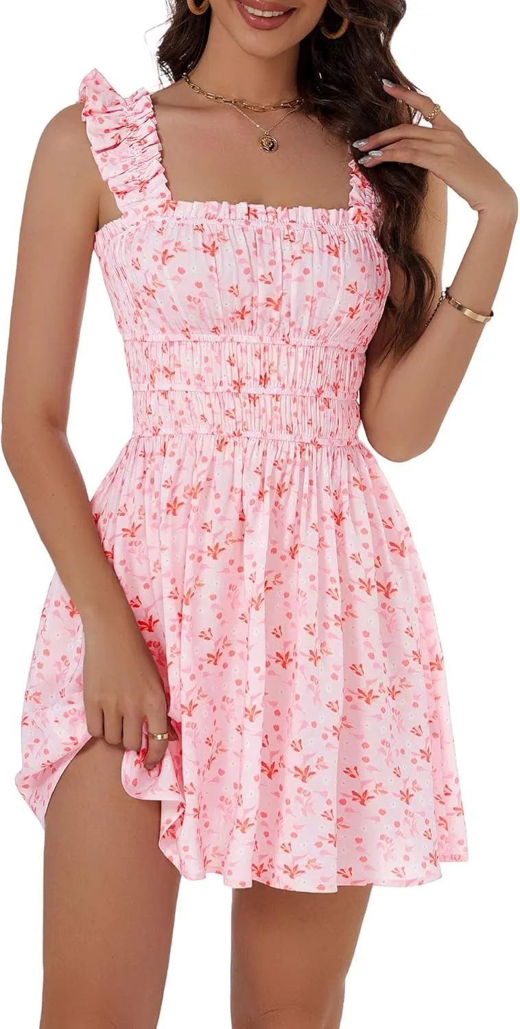 OURIN Womens Summer Dresses Cute Square Neck Ruffle Sleeve Floral Elastic Waist A Line Mini Sundress