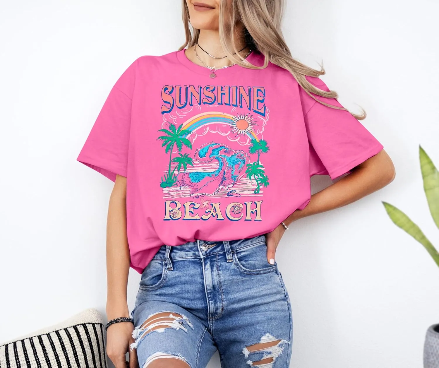 Oversized Hawaiian Shirts Women Sunshine Beach Tshirt Hawaii Tropical Tops Beach Graphic Shirt Summer Vacation Tee Top