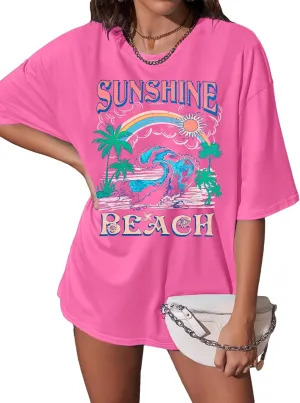 Oversized Hawaiian Shirts Women Sunshine Beach Tshirt Hawaii Tropical Tops Beach Graphic Shirt Summer Vacation Tee Top