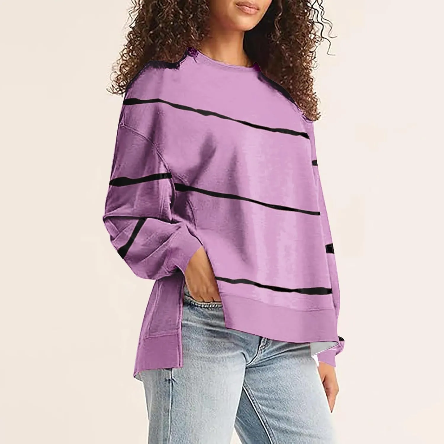 Oversized Striped Sweatshirts for Women Loose Side Slit High Low Hem Pullover Sweatshirts Autumn Casual Sports Hoodie