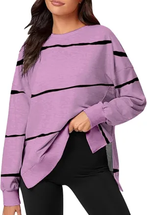 Oversized Striped Sweatshirts for Women Loose Side Slit High Low Hem Pullover Sweatshirts Autumn Casual Sports Hoodie
