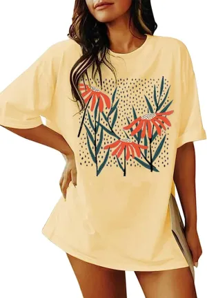 Oversized Vintage Wildflowers Shirt for Women Cute Butterfly Mushroom Graphic Shirt Casual Hippie 70s T-Shirt