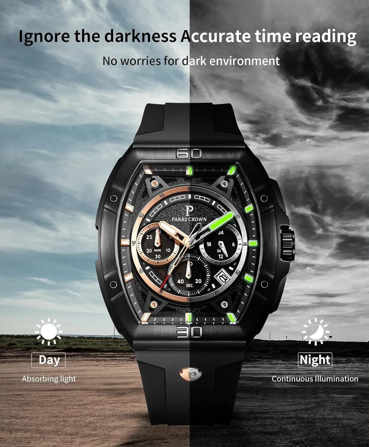 Paras Crown Watches for Men Tonneau 5ATM Waterproof Quartz Luxury Chronograph Analog Men's Wrist Watches Stainless Steel Case Mens Watches