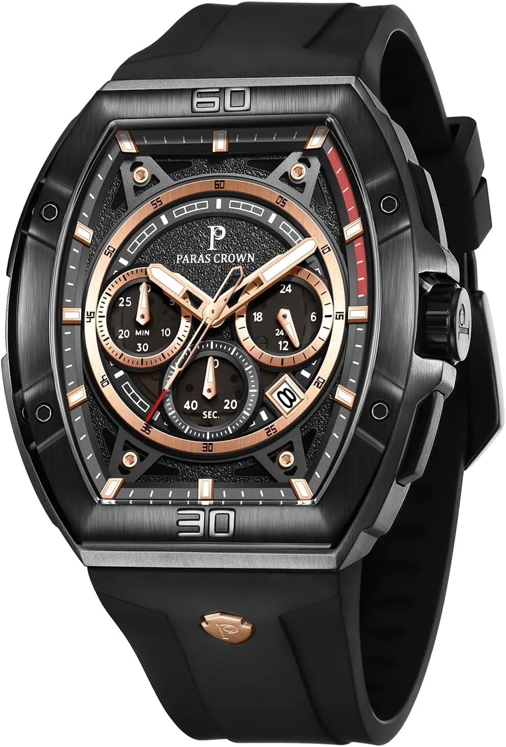 Paras Crown Watches for Men Tonneau 5ATM Waterproof Quartz Luxury Chronograph Analog Men's Wrist Watches Stainless Steel Case Mens Watches