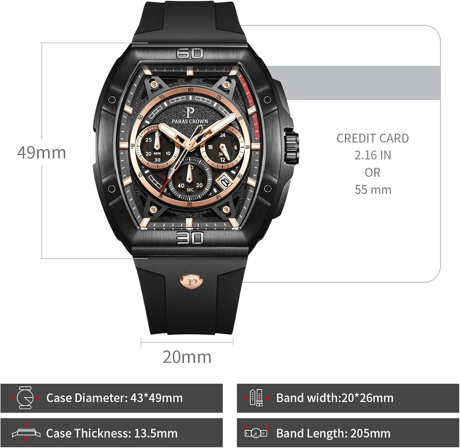 Paras Crown Watches for Men Tonneau 5ATM Waterproof Quartz Luxury Chronograph Analog Men's Wrist Watches Stainless Steel Case Mens Watches