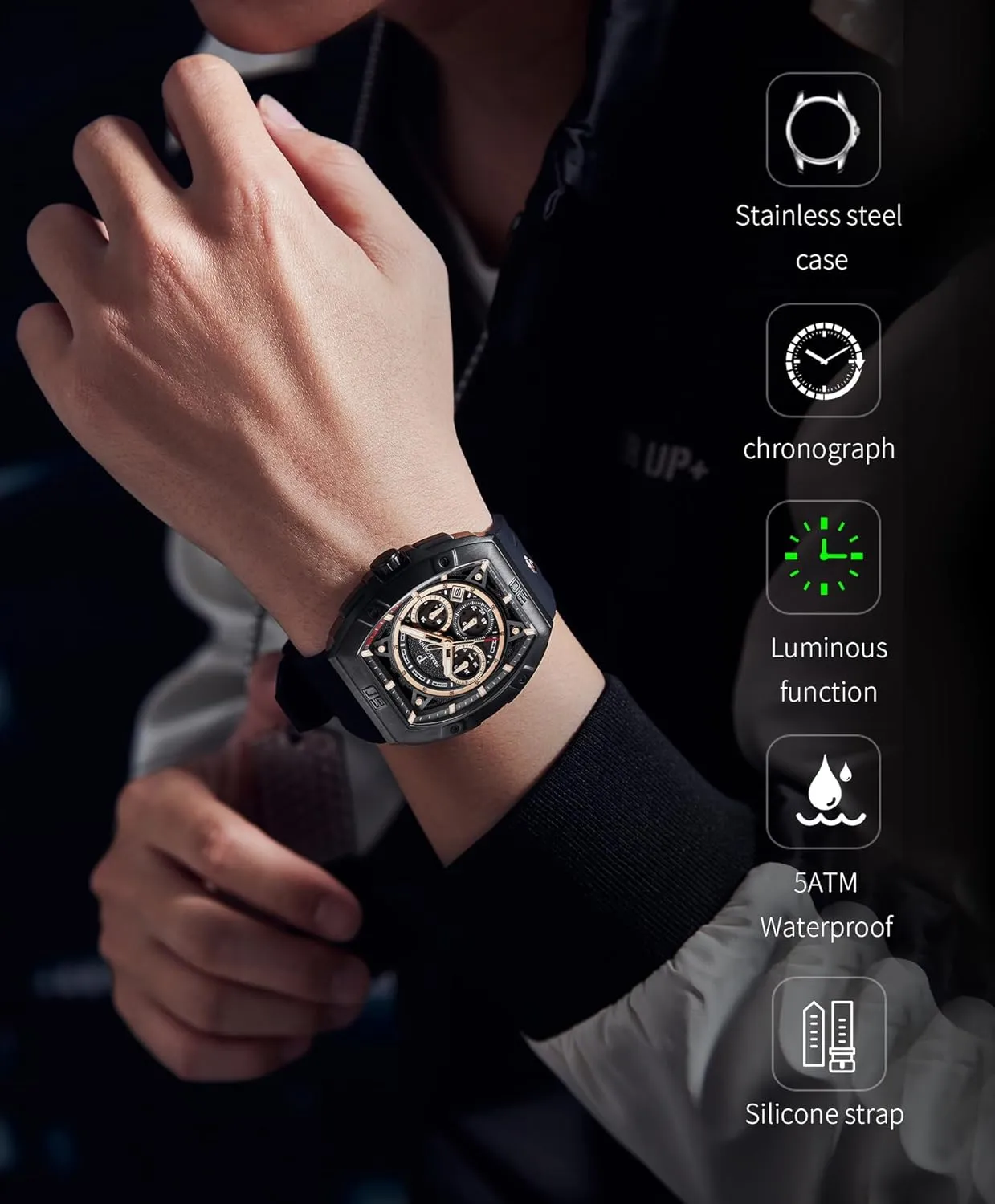 Paras Crown Watches for Men Tonneau 5ATM Waterproof Quartz Luxury Chronograph Analog Men's Wrist Watches Stainless Steel Case Mens Watches