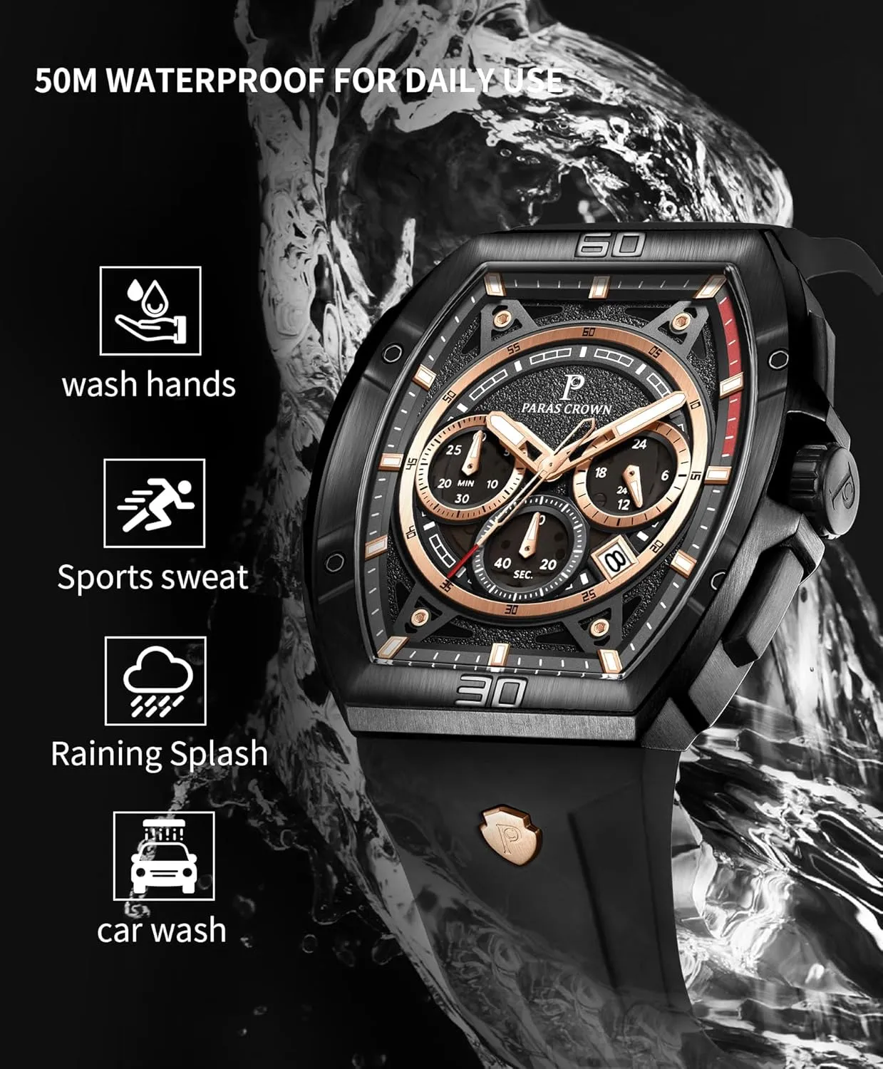 Paras Crown Watches for Men Tonneau 5ATM Waterproof Quartz Luxury Chronograph Analog Men's Wrist Watches Stainless Steel Case Mens Watches