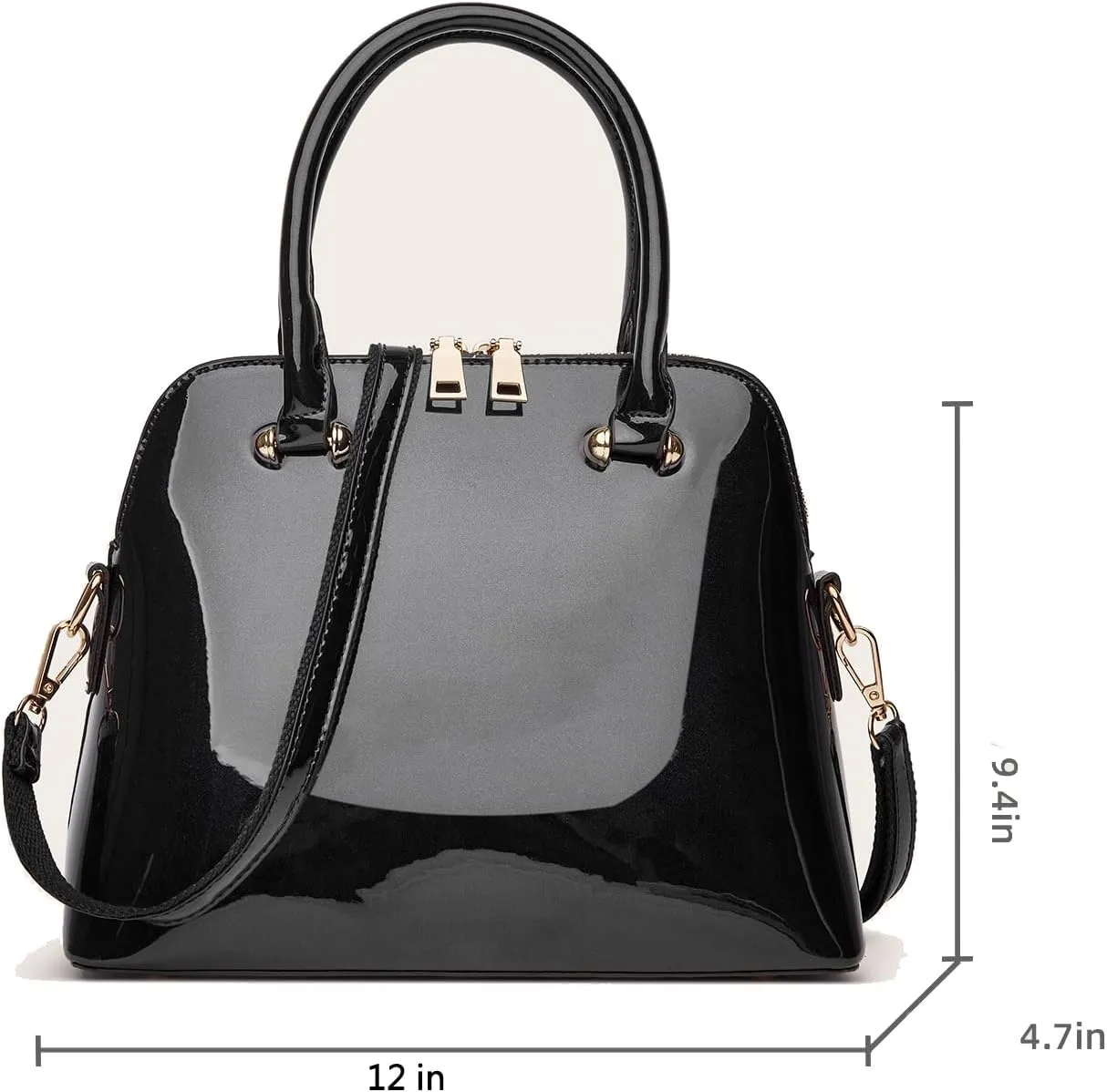 Patent Leather Dome Satchel Purse Zip-around Handbag Multi-Pocket Shoulder Bag Shiny Large Top-handle Shell Bag