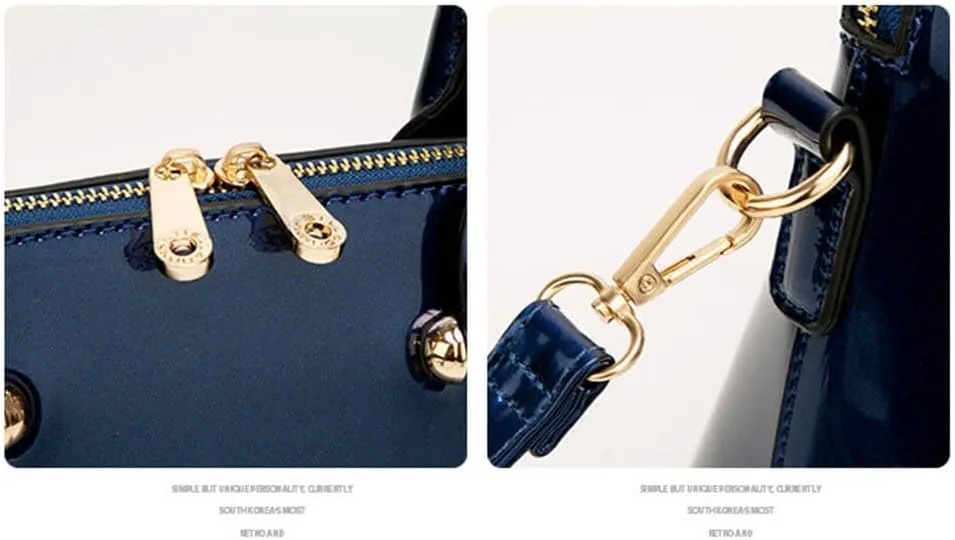 Patent Leather Dome Satchel Purse Zip-around Handbag Multi-Pocket Shoulder Bag Shiny Large Top-handle Shell Bag