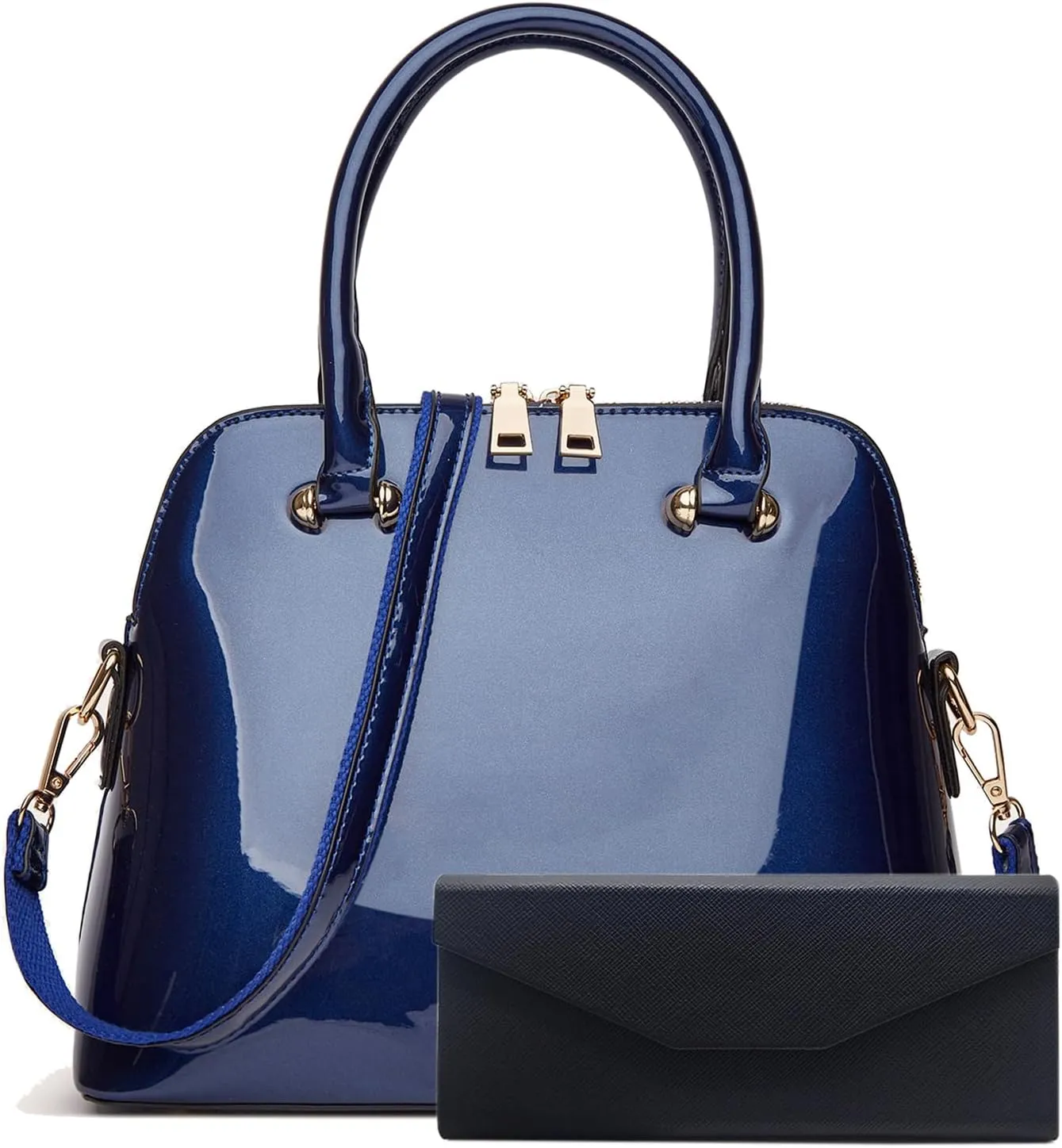 Patent Leather Dome Satchel Purse Zip-around Handbag Multi-Pocket Shoulder Bag Shiny Large Top-handle Shell Bag