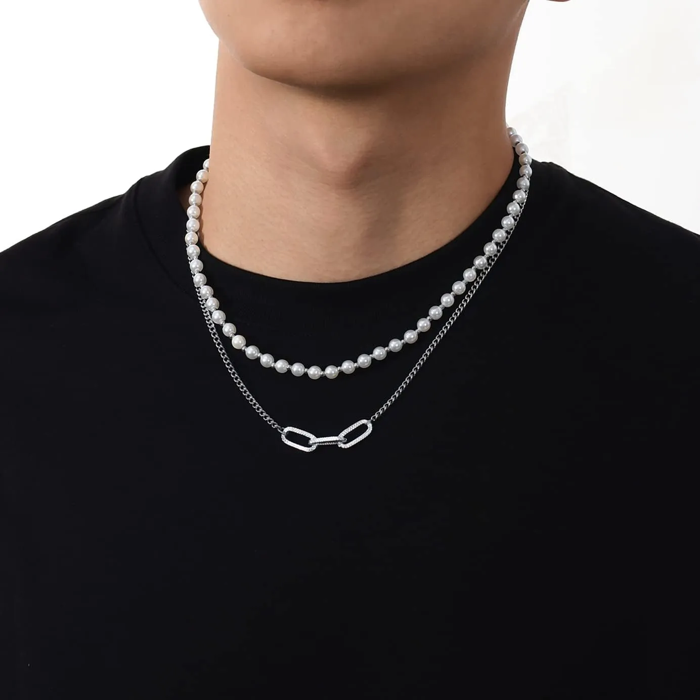 Pearl Necklace for Men Layered Cuban Link Cross Necklaces Mens Stainless Steel Chain Faux Pearl Choker Compass Pendant 3PCS Necklaces Set for Men Women Jewelry Gift