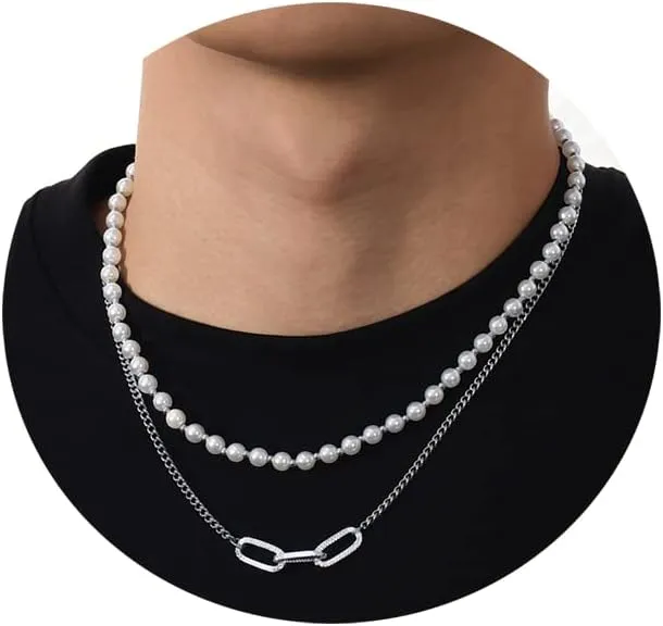 Pearl Necklace for Men Layered Cuban Link Cross Necklaces Mens Stainless Steel Chain Faux Pearl Choker Compass Pendant 3PCS Necklaces Set for Men Women Jewelry Gift
