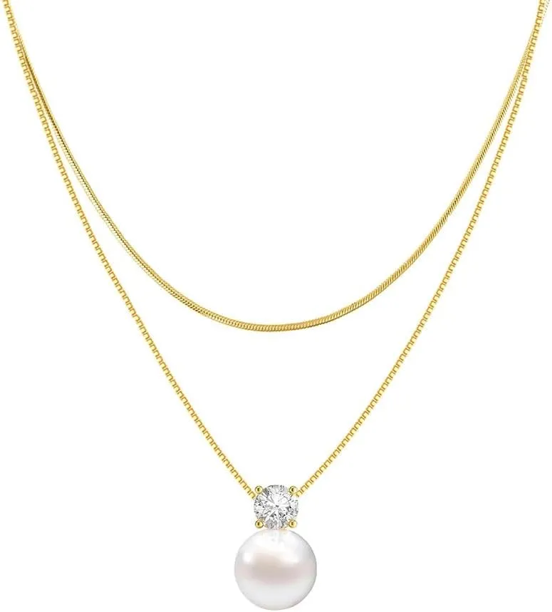 Pearl Necklaces for Women Double Necklaces 14k Gold Plated Snake Chain Choker Necklace Cubic Zirconia Pearl Pendant Layered Necklace Gift Bridal Wedding Jewelry