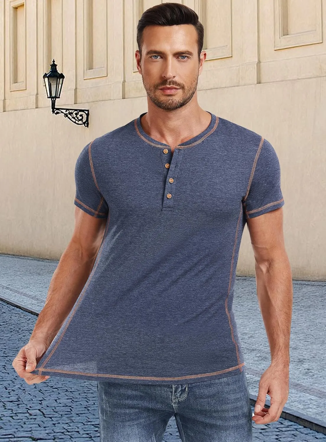PEGENO Mens Fashion Henley Short Sleeve T-Shirt Casual Shirt Contrast Stitching Tees Tops