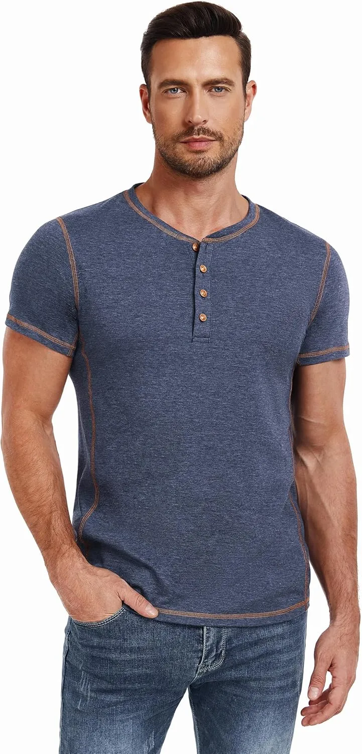 PEGENO Mens Fashion Henley Short Sleeve T-Shirt Casual Shirt Contrast Stitching Tees Tops