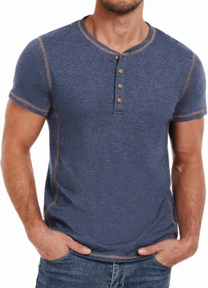 PEGENO Mens Fashion Henley Short Sleeve T-Shirt Casual Shirt Contrast Stitching Tees Tops