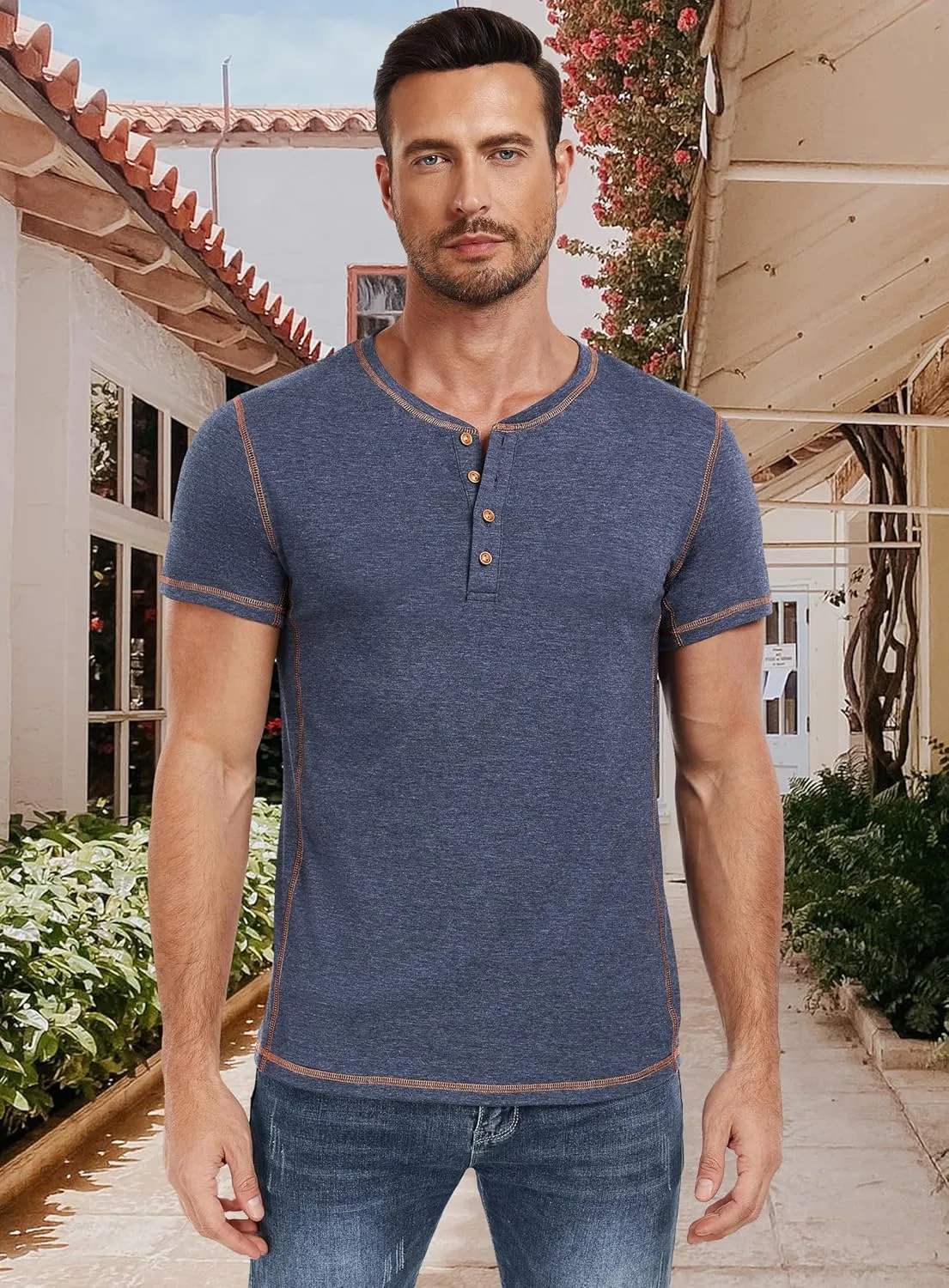 PEGENO Mens Fashion Henley Short Sleeve T-Shirt Casual Shirt Contrast Stitching Tees Tops