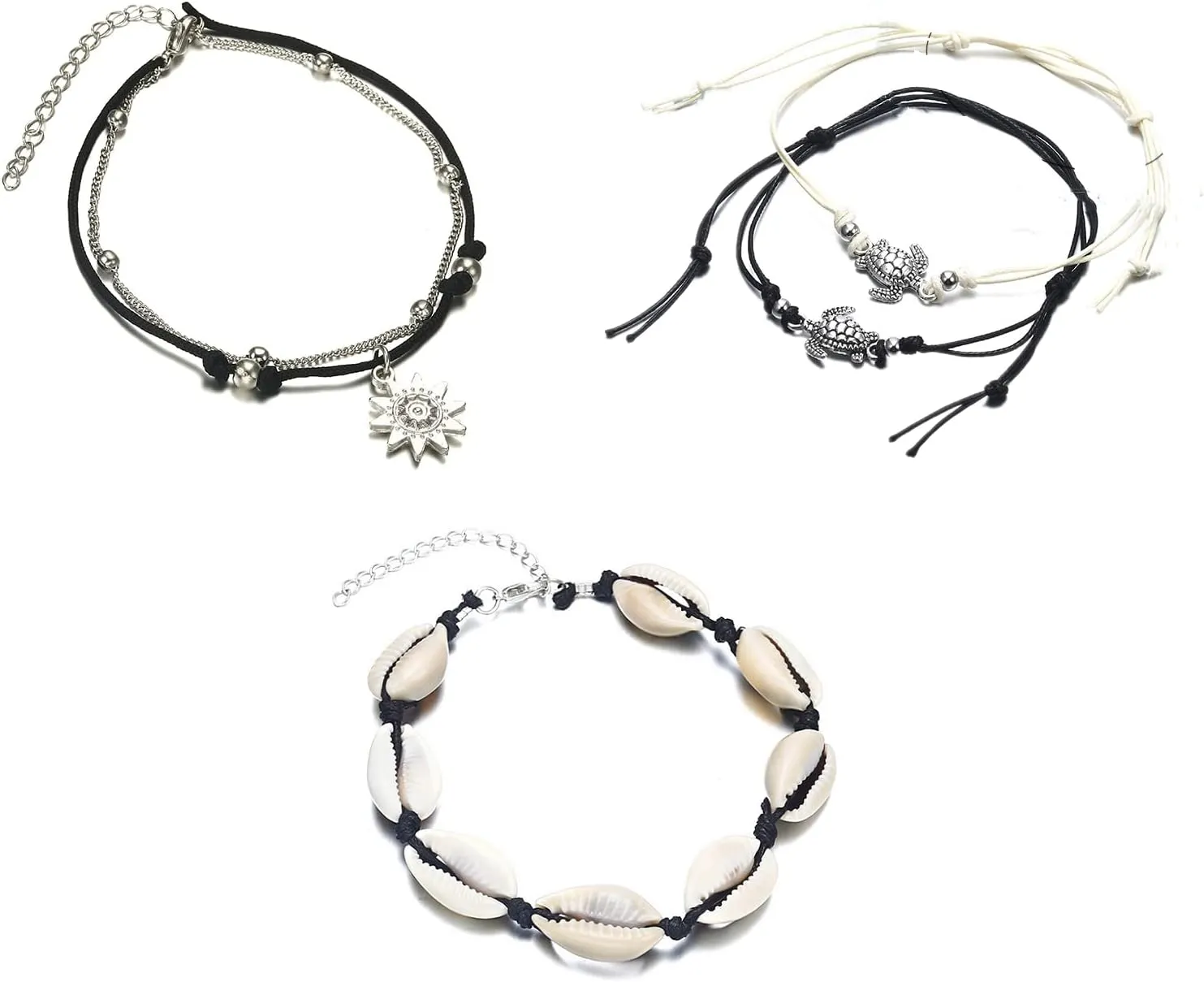 Pingyongchang 4pcs Surfer Waterproof String Anklets Cute Turtles Sun Beaded Ankle Bracelets Beach Boho Braided Anklet Friendship Jewelry for Women Teen Girls