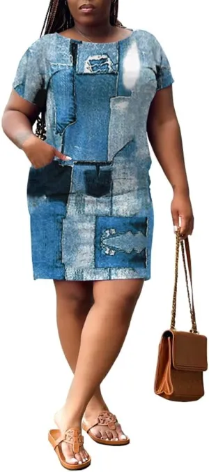 PINSV Women Plus Size Summer Casual T Shirt Dresses Short Sleeve Tunic Dress with Pockets