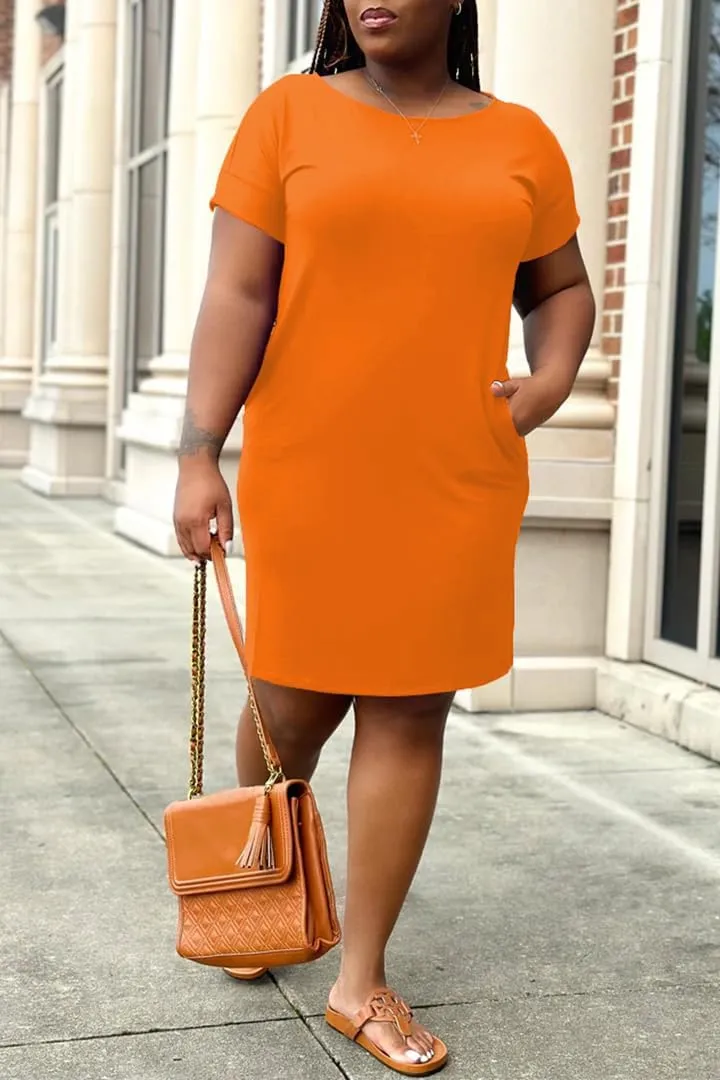 PINSV Women Plus Size Summer Casual T Shirt Dresses Short Sleeve Tunic Dress with Pockets