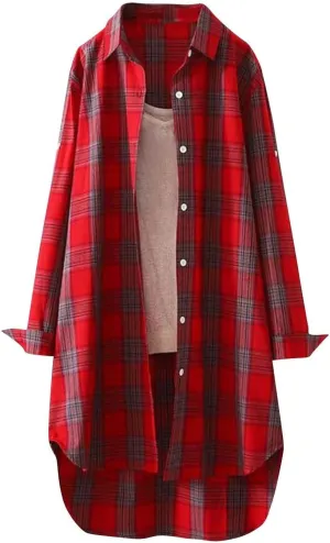 Plaid Long Shirts for Women 2025 Fashion Oversized Long Sleeve Button Up Collared Blouse Summer Casual Beach Cover Up