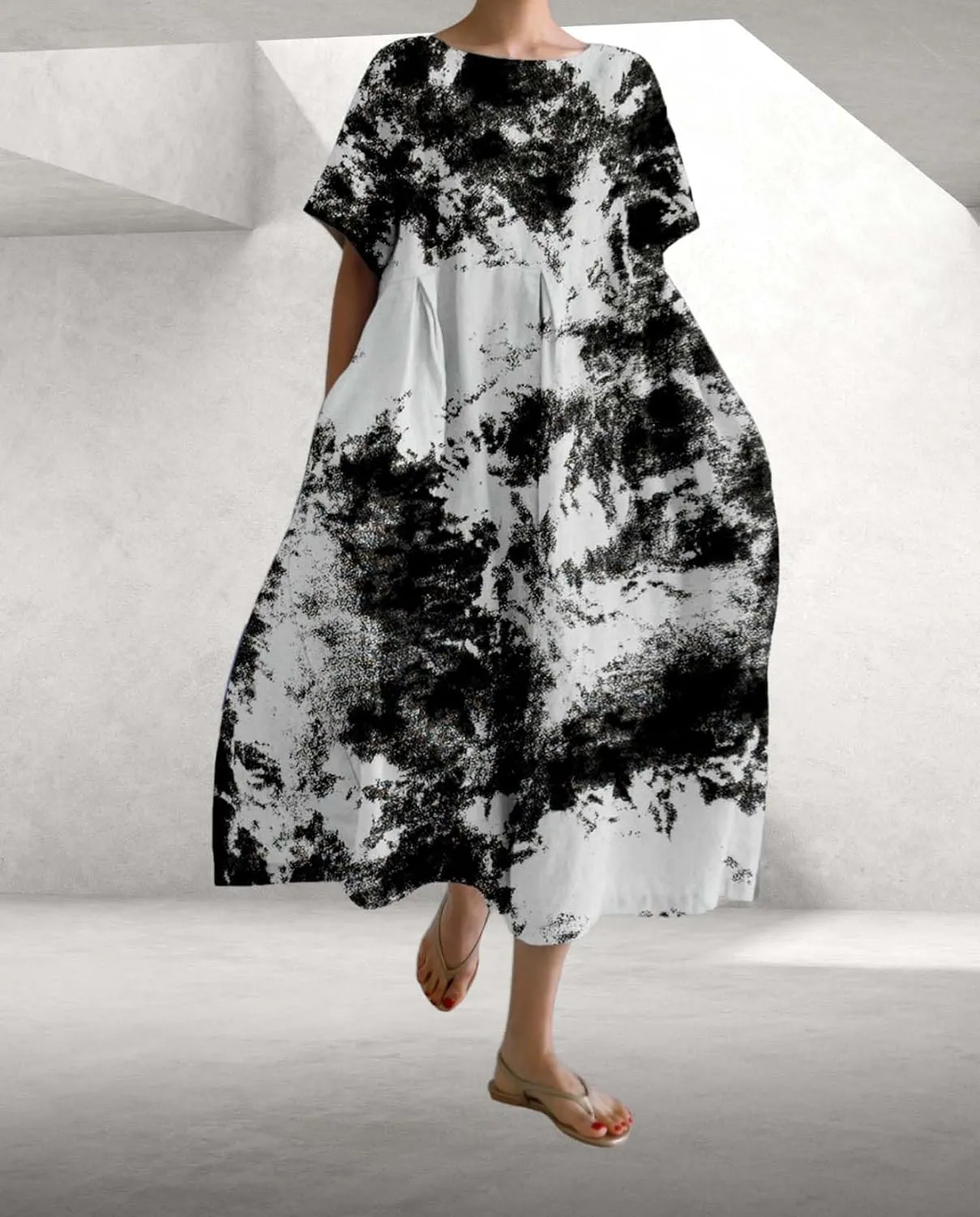 Plus Size Boho Dress for Women 2024 Summer Trendy Cotton Flowy Dress Baggy Floral Maxi Dress with Pockets S-3XL
