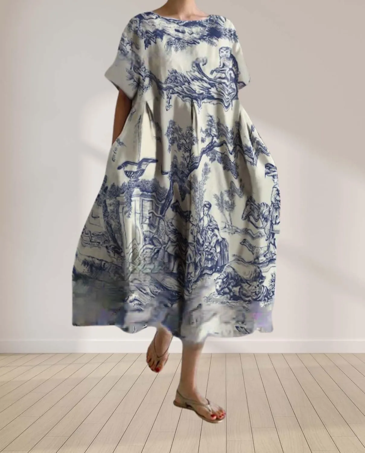 Plus Size Boho Dress for Women 2024 Summer Trendy Cotton Flowy Dress Baggy Floral Maxi Dress with Pockets S-3XL