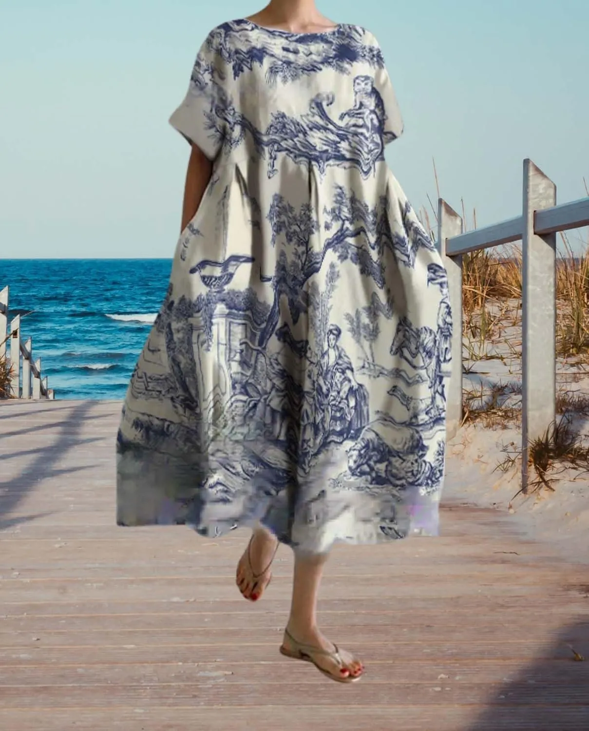 Plus Size Boho Dress for Women 2024 Summer Trendy Cotton Flowy Dress Baggy Floral Maxi Dress with Pockets S-3XL