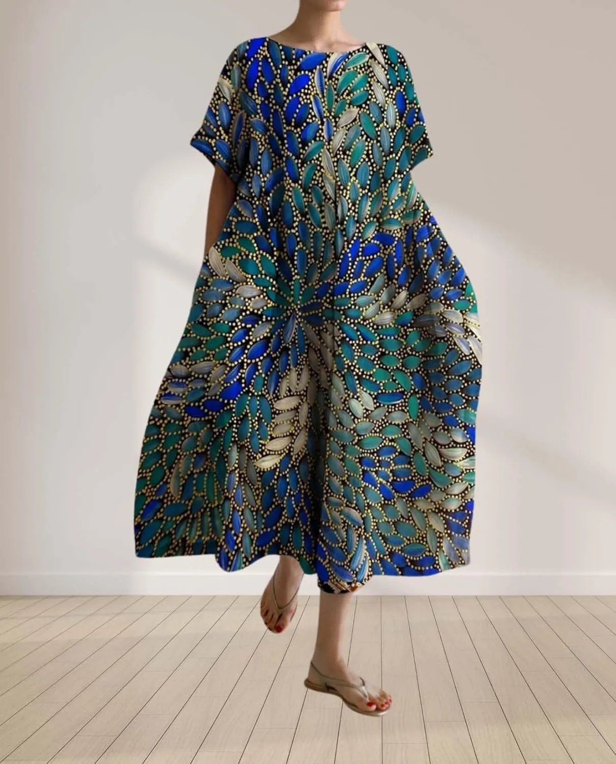 Plus Size Boho Dress for Women 2024 Summer Trendy Cotton Flowy Dress Baggy Floral Maxi Dress with Pockets S-3XL