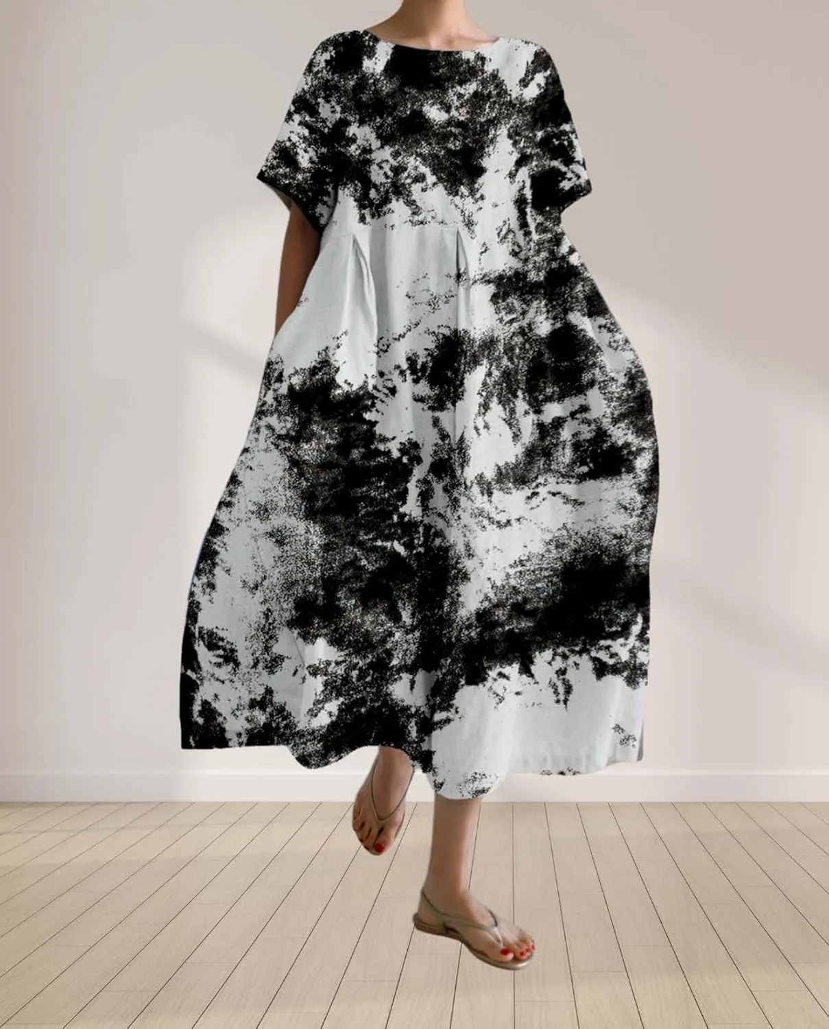 Plus Size Boho Dress for Women 2024 Summer Trendy Cotton Flowy Dress Baggy Floral Maxi Dress with Pockets S-3XL
