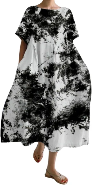 Plus Size Boho Dress for Women 2024 Summer Trendy Cotton Flowy Dress Baggy Floral Maxi Dress with Pockets S-3XL