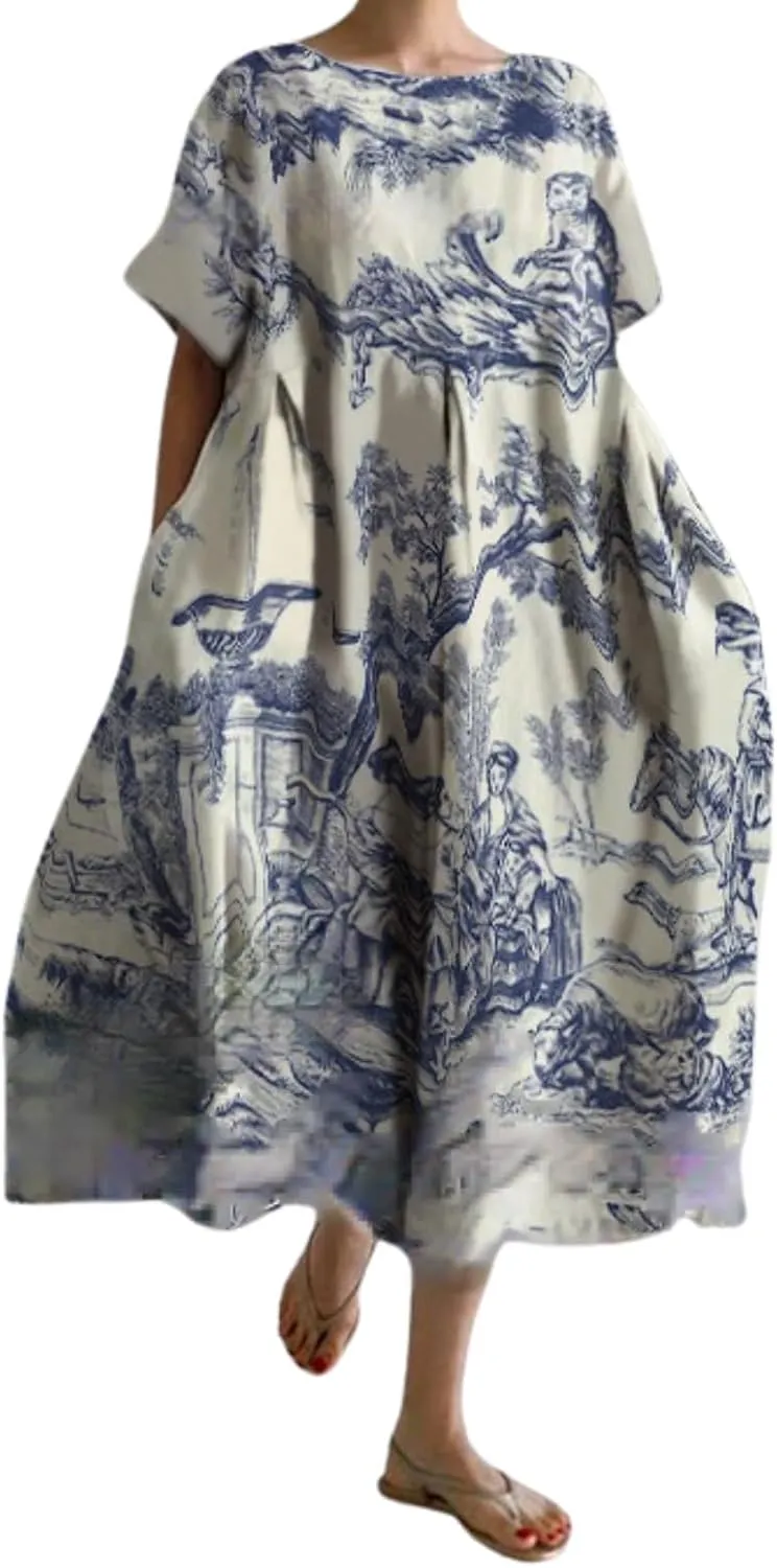 Plus Size Boho Dress for Women 2024 Summer Trendy Cotton Flowy Dress Baggy Floral Maxi Dress with Pockets S-3XL