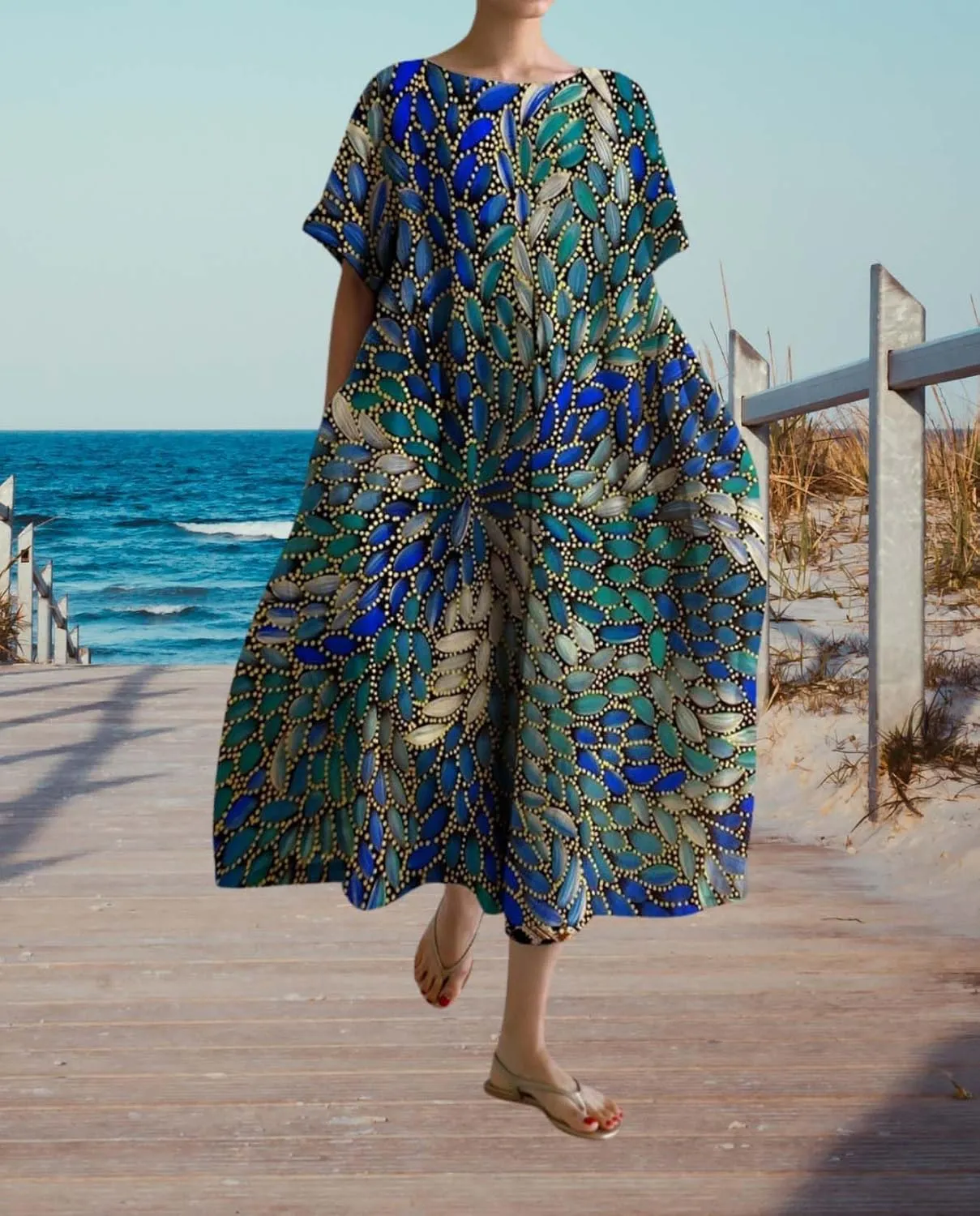 Plus Size Boho Dress for Women 2024 Summer Trendy Cotton Flowy Dress Baggy Floral Maxi Dress with Pockets S-3XL