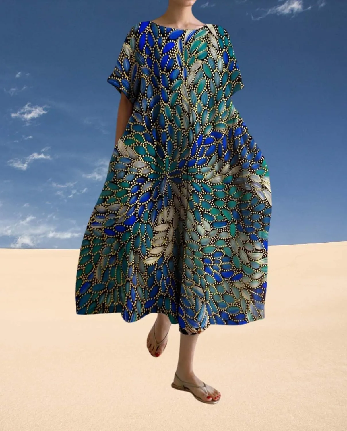 Plus Size Boho Dress for Women 2024 Summer Trendy Cotton Flowy Dress Baggy Floral Maxi Dress with Pockets S-3XL