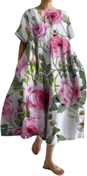 Plus Size Boho Dress for Women 2024 Summer Trendy Cotton Flowy Dress Baggy Floral Maxi Dress with Pockets S-3XL