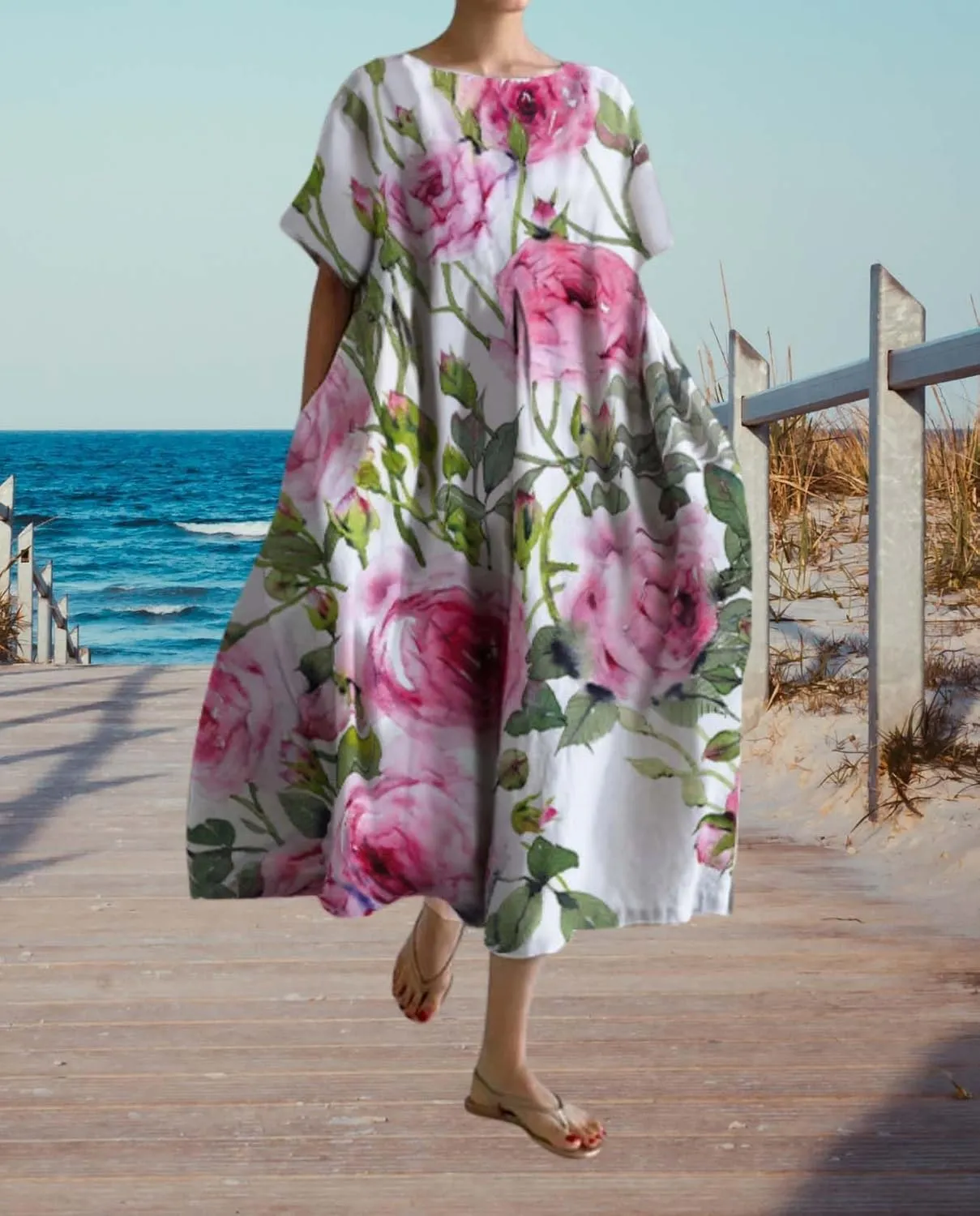 Plus Size Boho Dress for Women 2024 Summer Trendy Cotton Flowy Dress Baggy Floral Maxi Dress with Pockets S-3XL