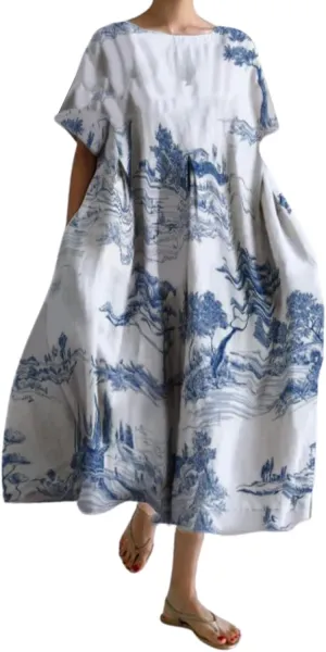 Plus Size Boho Dress for Women 2024 Summer Trendy Cotton Flowy Dress Baggy Floral Maxi Dress with Pockets S-3XL