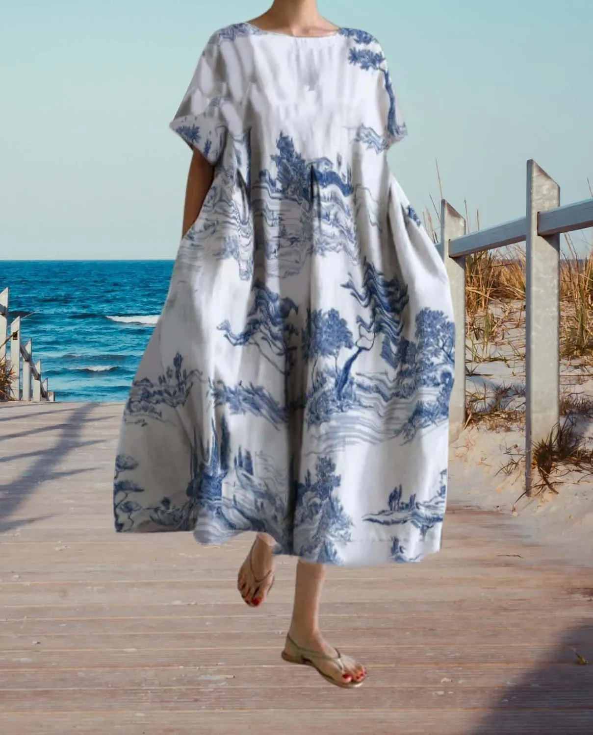 Plus Size Boho Dress for Women 2024 Summer Trendy Cotton Flowy Dress Baggy Floral Maxi Dress with Pockets S-3XL