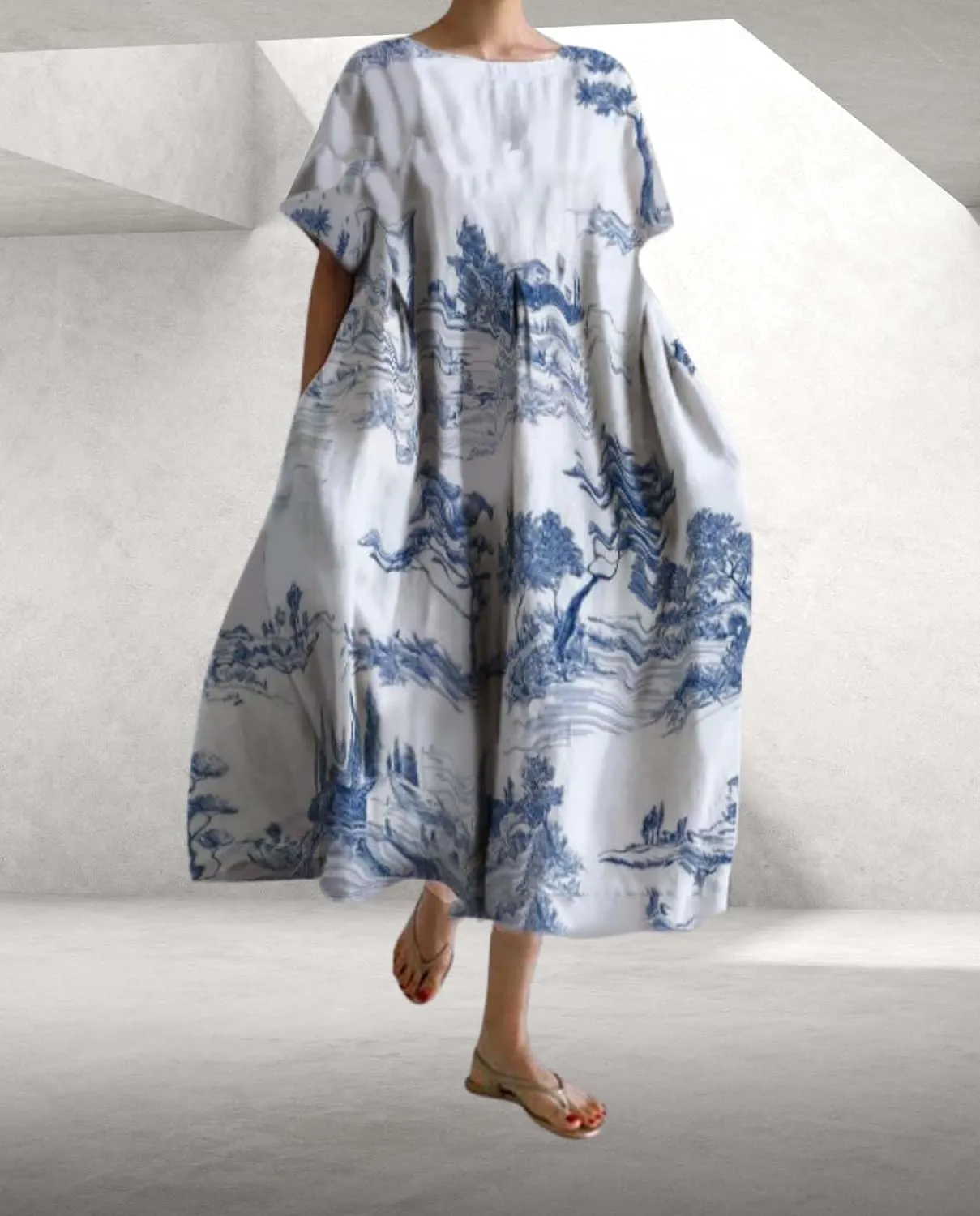 Plus Size Boho Dress for Women 2024 Summer Trendy Cotton Flowy Dress Baggy Floral Maxi Dress with Pockets S-3XL