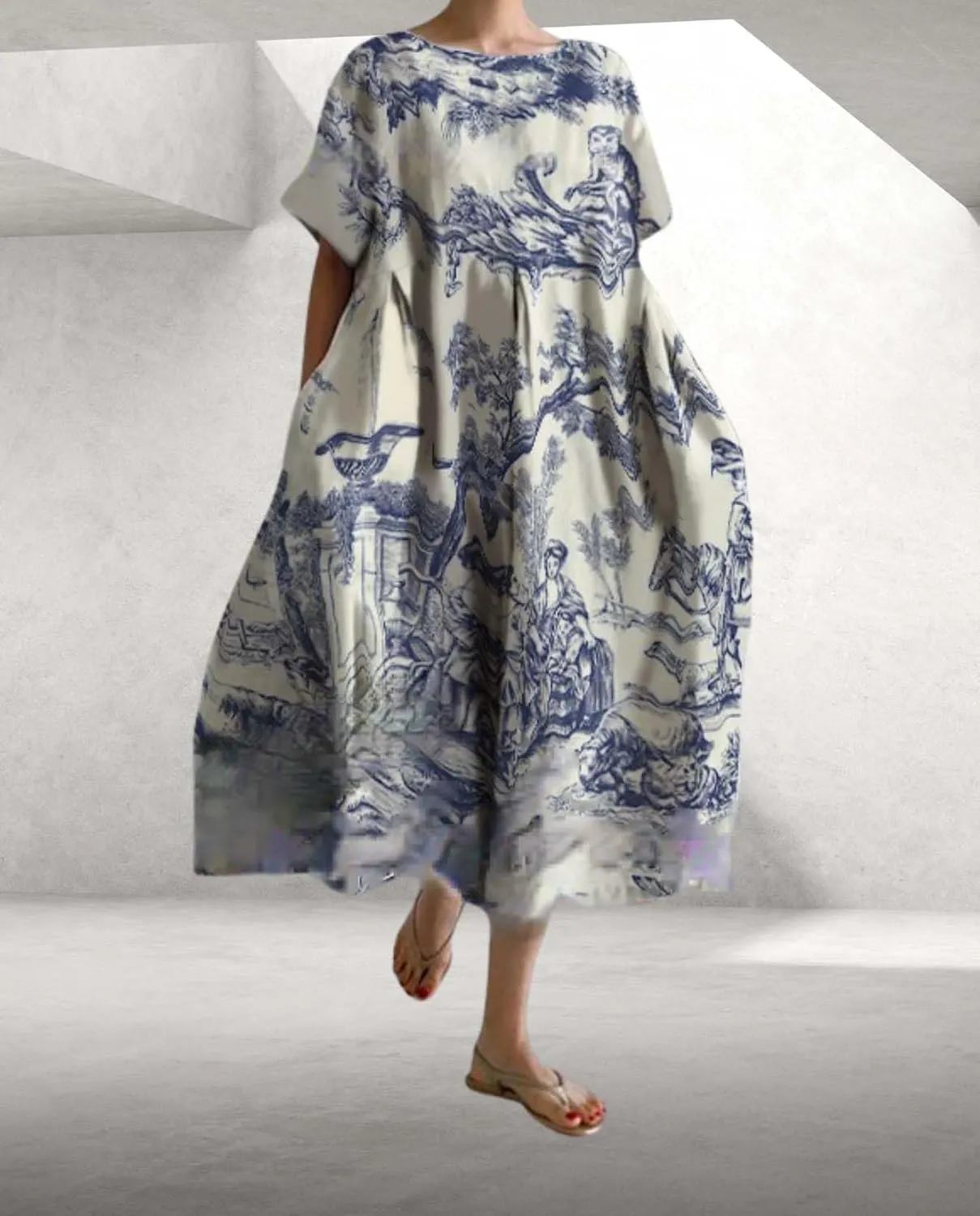 Plus Size Boho Dress for Women 2024 Summer Trendy Cotton Flowy Dress Baggy Floral Maxi Dress with Pockets S-3XL